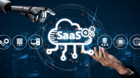 Visual representation of SaaS showing infrastructure, SaaS deployment, SaaS platform features, and...