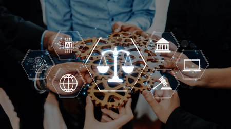 Diverse hands unite around a symbolic gear representing collaboration between law and technology,...