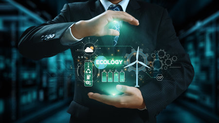 A businessman showcases digital concepts related to ecology and renewable energy, emphasizing the...