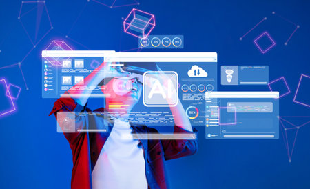 A young professional interacts with advanced AI interfaces in a vibrant digital environment. Dynamic...