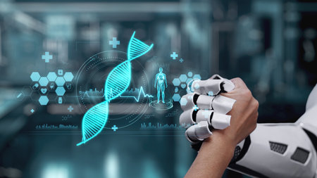 Close up of robotic hand and human hand shaking hand with DNA hologram. AI and human working...