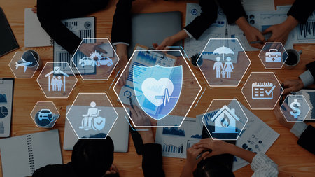 A dynamic meeting scene showcases professionals interacting over health technology symbols and...