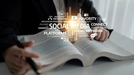A conceptual image showcasing social media themes with a book, emphasizing digital connection,...