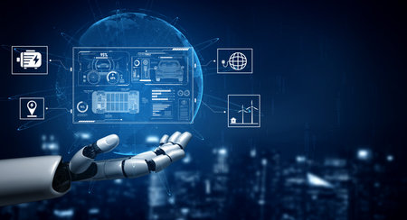 AI-Assisted Electric Vehicle and Energy Management System. Smart interface showing electric vehicle...