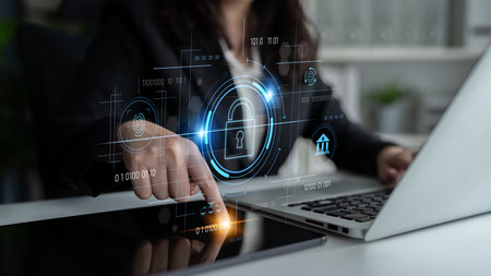 Cybersecurity system interface with biometric lock and data protection. Cybersecurity protects...