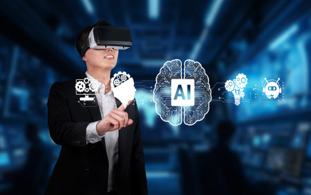 A professional explores the realm of artificial intelligence through a virtual reality headset,...