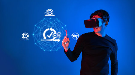 A professional engages with virtual reality technology to explore innovative business strategies and...