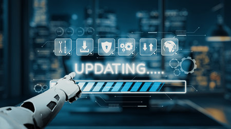 A robotic hand interacts with a digital interface displaying an updating progress bar in a modern...
