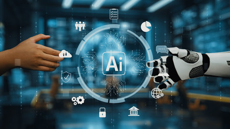 This image captures the moment of connection between a human hand and a robotic hand, illustrating...