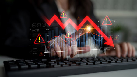 Economic caution visualized with fluctuating market graph, alert symbols, and negative data trends....
