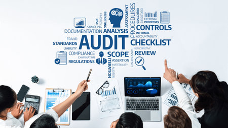 A professional team collaborates on a detailed audit process, using analysis tools and checklists to...