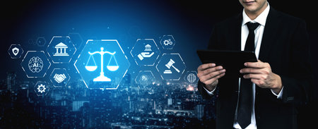 Futuristic digital law interface displaying justice scale, highlighting digital law, AI compliance,...