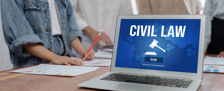 Civil law brisk information showing on computer screen for Common Justice Legal Regulation Rights...