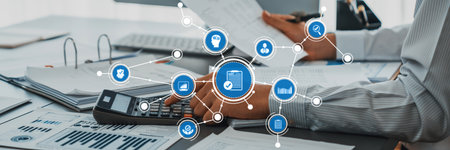 A professional office setting featuring a calculator and dynamic business analytics elements,...