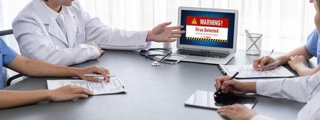 Virus warning alert on computer screen detected brisk cyber threat , hacker, computer virus and...