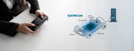 Structure of electric car showing battery system, traction motor, control units, and charging...