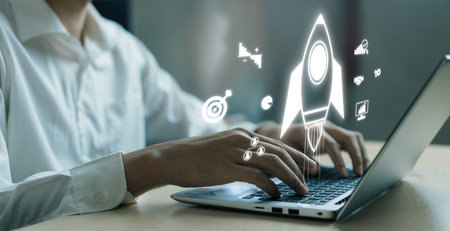 Rocket representing business growth and startup launch, surrounded by icons of strategy, analysis,...