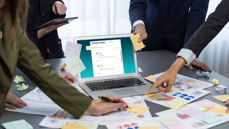 Analyst team use sticky note for creative and analytic brainstorm for business idea with data...