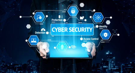 Hands Holding Tablet with Cyber Security Icons Displayed, Emphasizing Protection, Detection,...