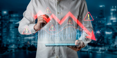 Economic caution visualized with fluctuating market graph, alert symbols, and negative data trends....