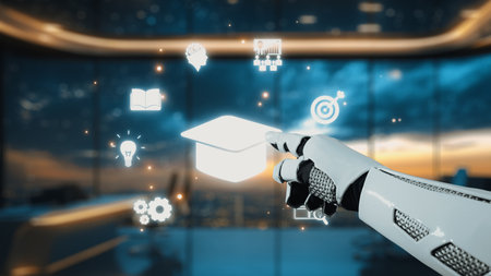 A robotic hand points to various educational icons, symbolizing the intersection of technology and...