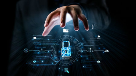 A hand reaches towards a glowing padlock symbolizing digital security, surrounded by icons depicting...