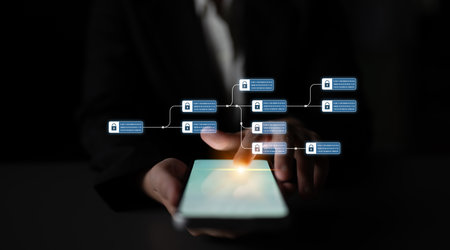 Blockchain structure showing distributed data blocks linked with encryption, representing secure...
