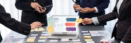 Analyst team use sticky note for creative and analytic brainstorm for business idea with BI data...