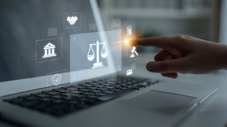 Legal compliance and governance concept showing justice scale, courthouse, contract, policy,...