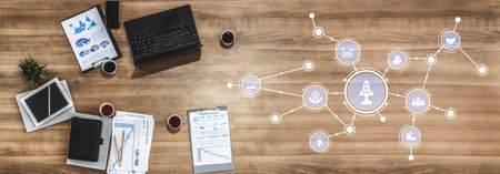 A modern workspace showcasing innovative tools and digital interfaces on a wooden table. Ideal for...