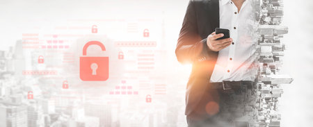 Digital security concept illustrating a cybersecurity breach, with a red unlocked padlock indicating...
