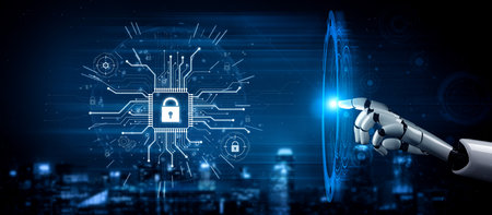 AI safeguarding cyber security system, monitoring threats, analyzing attack patterns, and securing...