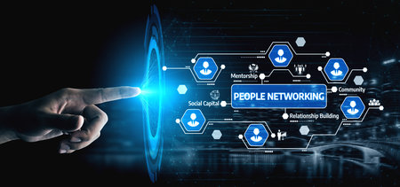 A conceptual image showcasing people networking through digital connectivity, featuring icons...