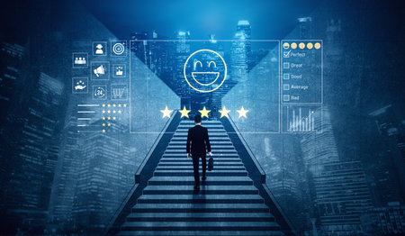 Customer feedback and satisfaction rating system showing star review, happy face, performance score,...