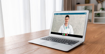 Doctor video call online by telemedicine software application for virtual meeting with patient