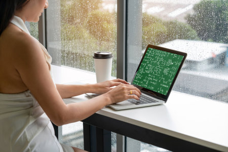 Mathematic equations and modish formula on computer screen showing concept of science and education