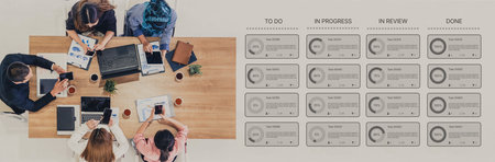 Task management tool dashboard showing kanban-style workflow with columns for to do, in progress, in...