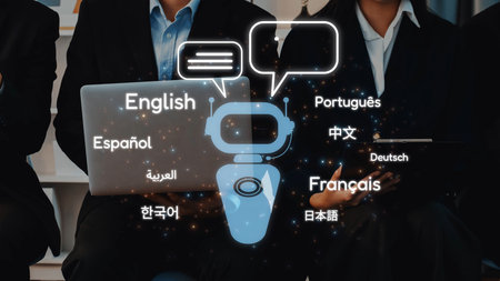 Engaging image showcasing a laptop with multilingual chat bubbles representing various languages in...