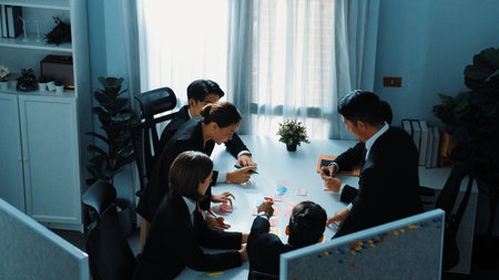 Time lapse of smart business people sitting at seat and prepare for meeting at whiteboard with...