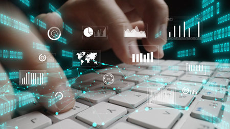 A conceptual image depicting hands typing on a keyboard with floating digital graphics representing...