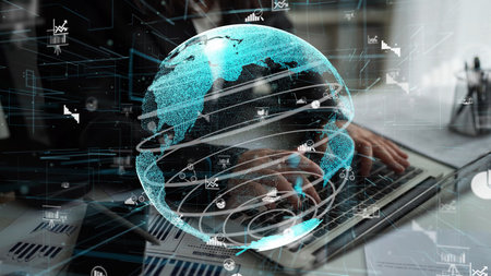 A modern office scene with a digital globe overlay, showcasing global connectivity, business...