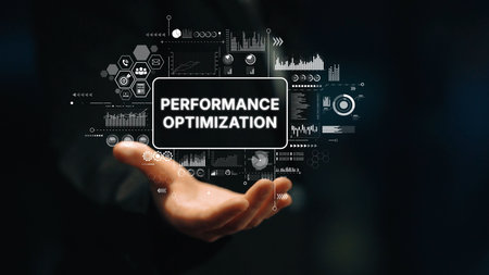 Hand Holding Performance Optimization Concept with Graphs and Data Visualizations in Dark...
