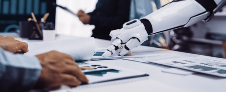 A futuristic office scene showcases a robotic arm engaging with human hands over documents and...