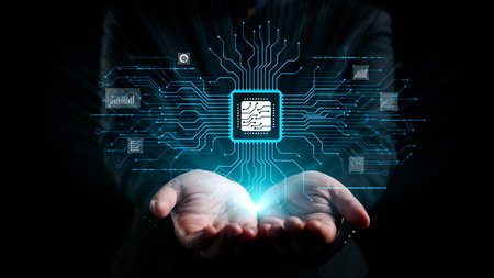 A pair of hands cradle a glowing microchip with intricate circuit lines, symbolizing the advancement...