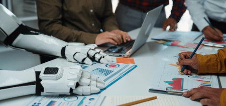 Professionals at a strategic gathering rely on a digital consultant for analytics, tailoring a...