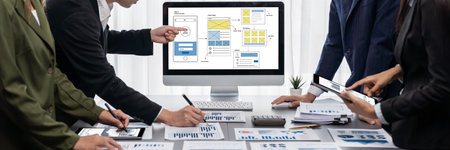 Panorama shot analyst team utilizing BI Fintech to analyze financial report with laptop....