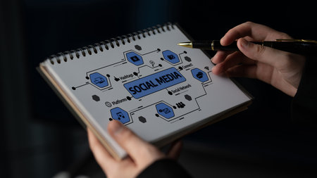 A close-up image featuring hands holding a notepad with a detailed social media concept...