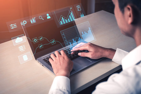 Data flow from database and cloud to processing and analytics dashboards, representing data...