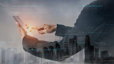 A businessman interacts with a smartphone in a futuristic city, surrounded by abstract digital data,...