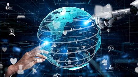 This image depicts the interaction between artificial intelligence and humanity, showcasing a...